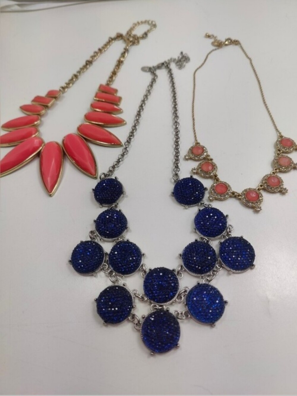 Charming Charlie Signed 3 Pc Necklace Bundle Blue Glitter Statement Coral Peach
